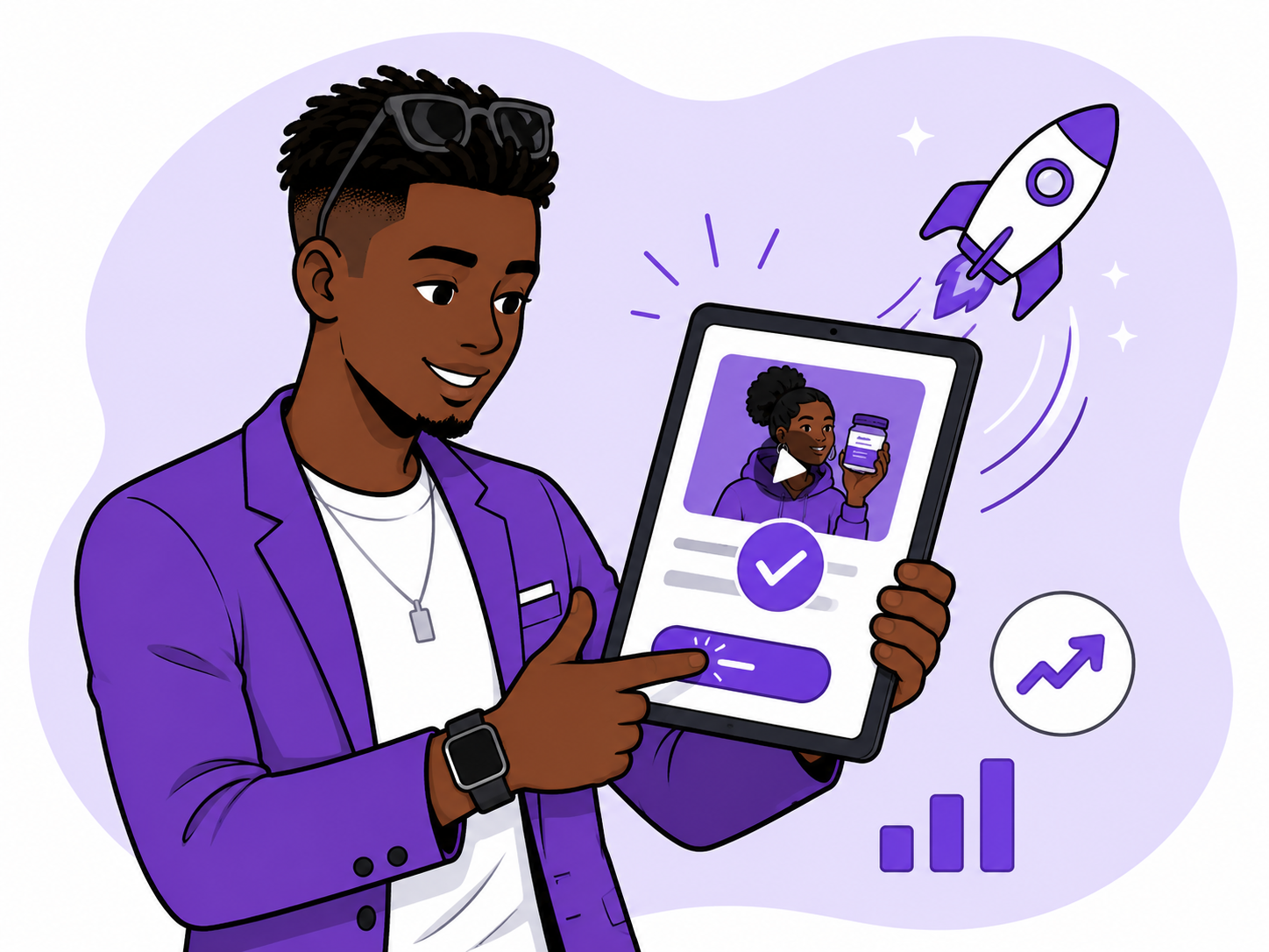 Illustration of a brand approving content and launching a campaign